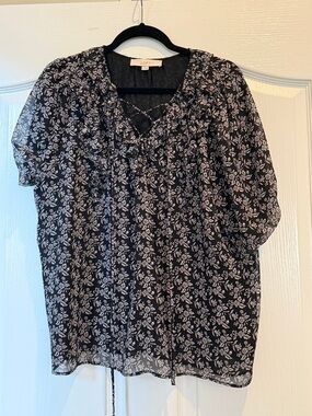 LOFT Black Floral Ruffle Neck Blouse